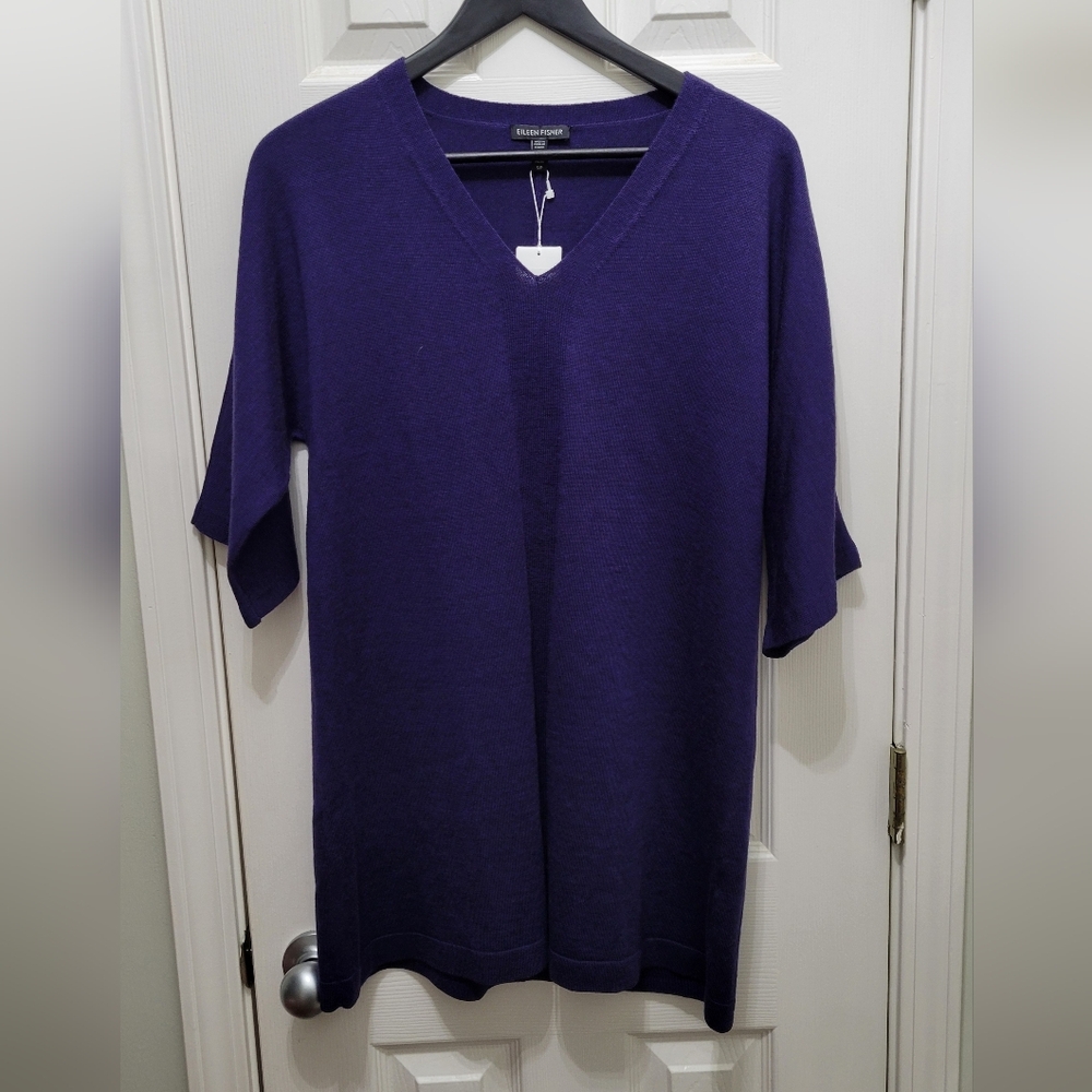 Eileen Fisher Merino Jersey Blue/Purple V-Neck Tunic In Small